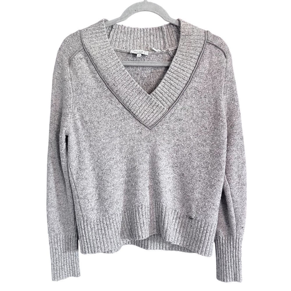 Ted Baker London Gray Wool Blend V Neck Textured Knit Sweater Size 2 Small